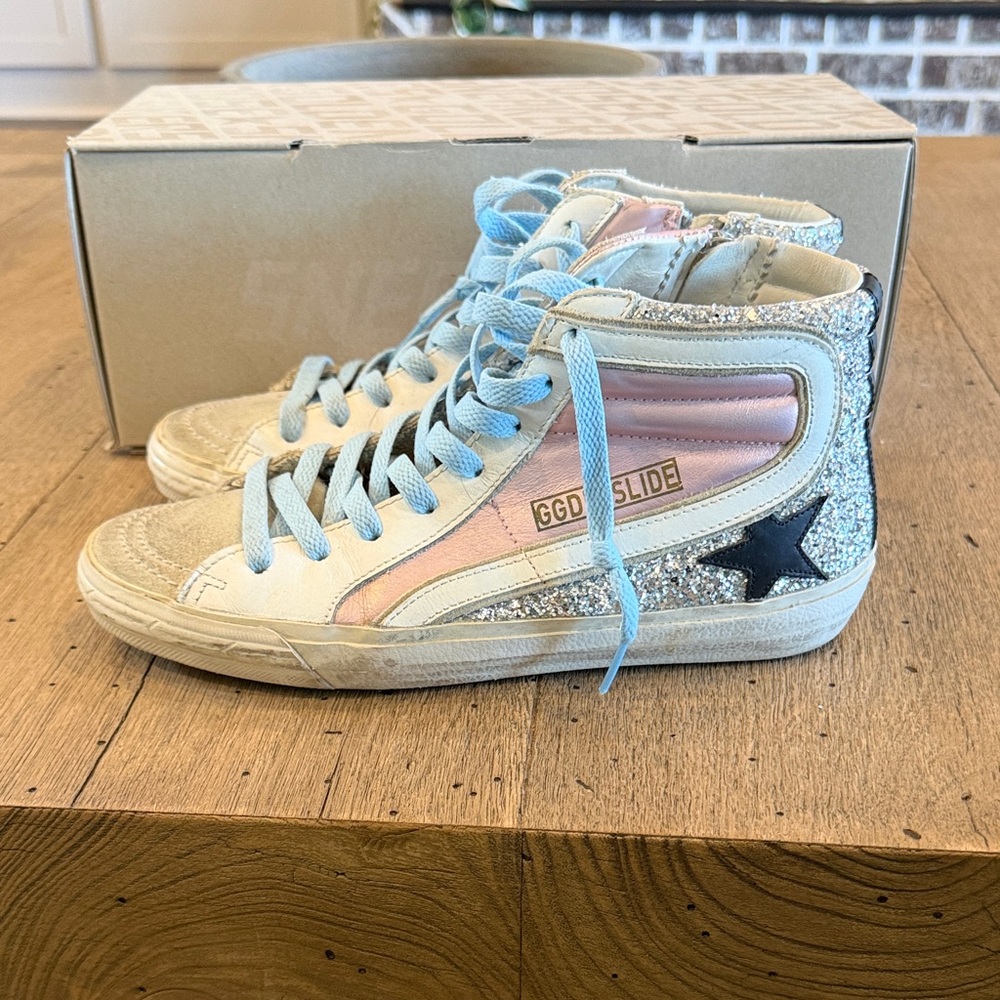 Golden Goose Slide glitter metallic pink and silver